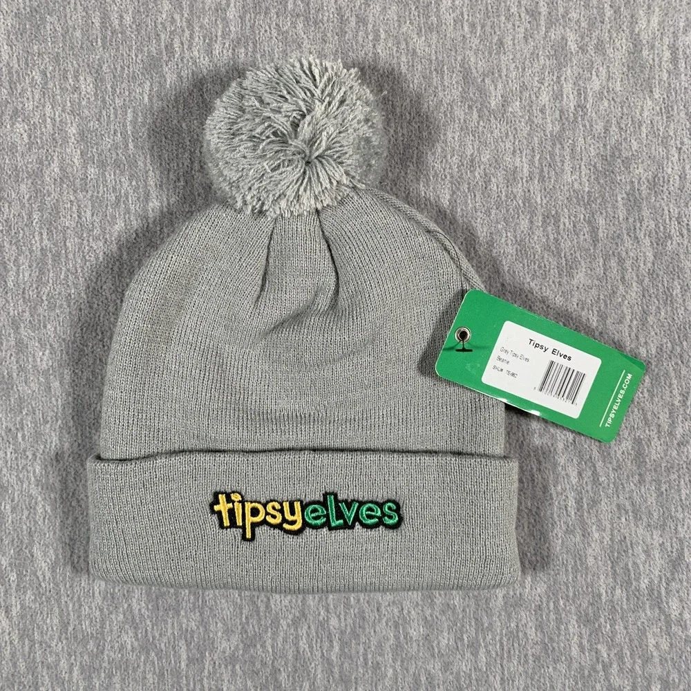 Tipsy Elves Hat Beanie‎ Grey Knit Pom Pom Cuffed Winter Warm One Size Mens